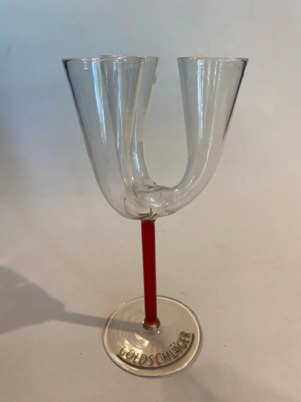 Vintage Goldschläger Triple Flute Shot Glass — Hand-Blown Red Stem Cordial Glass